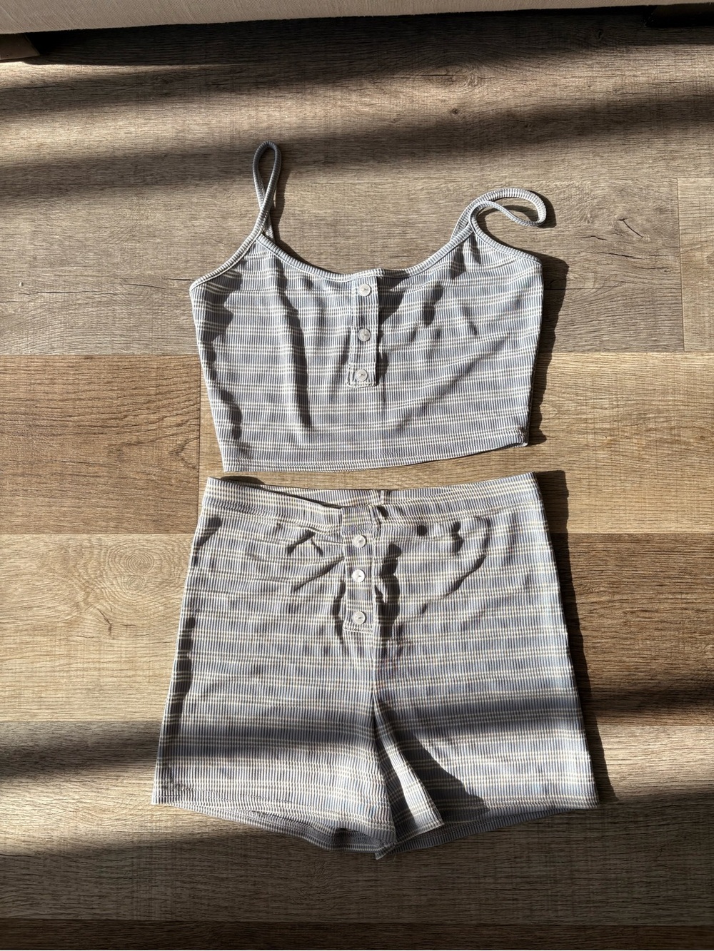 PrettyLittleThing Light Gray Ribbed Striped Tank & Shorts Set